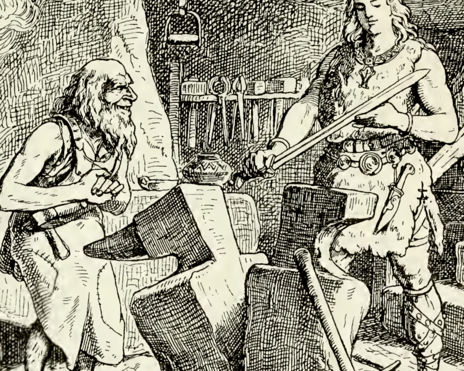 Sigurður testing the sword while Reginn waits for the verdict.